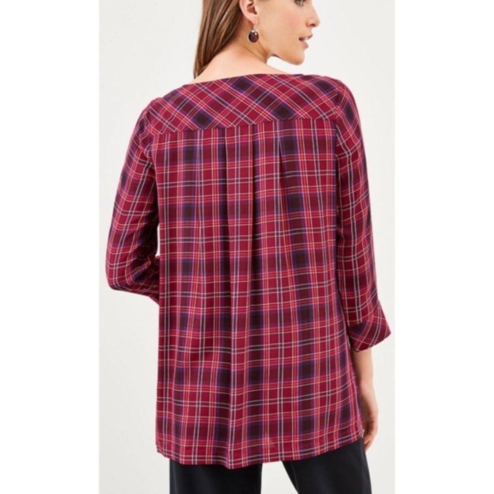 J. Jill Burgundy Red Purple Plaid Boat Neck Tunic Top Size Petite Small - Picture 2 of 8